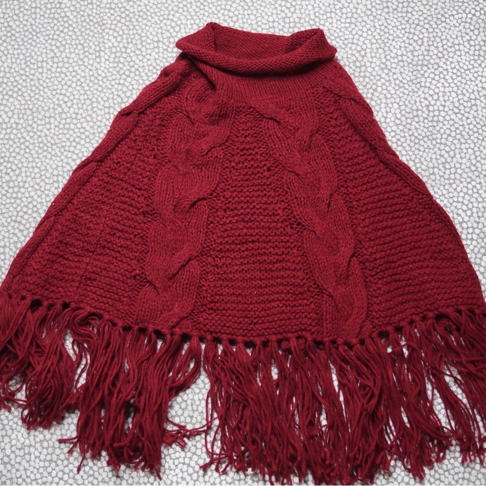 Turtle Neck Knitted Poncho Featuring Fringe - Picture 4 of 6